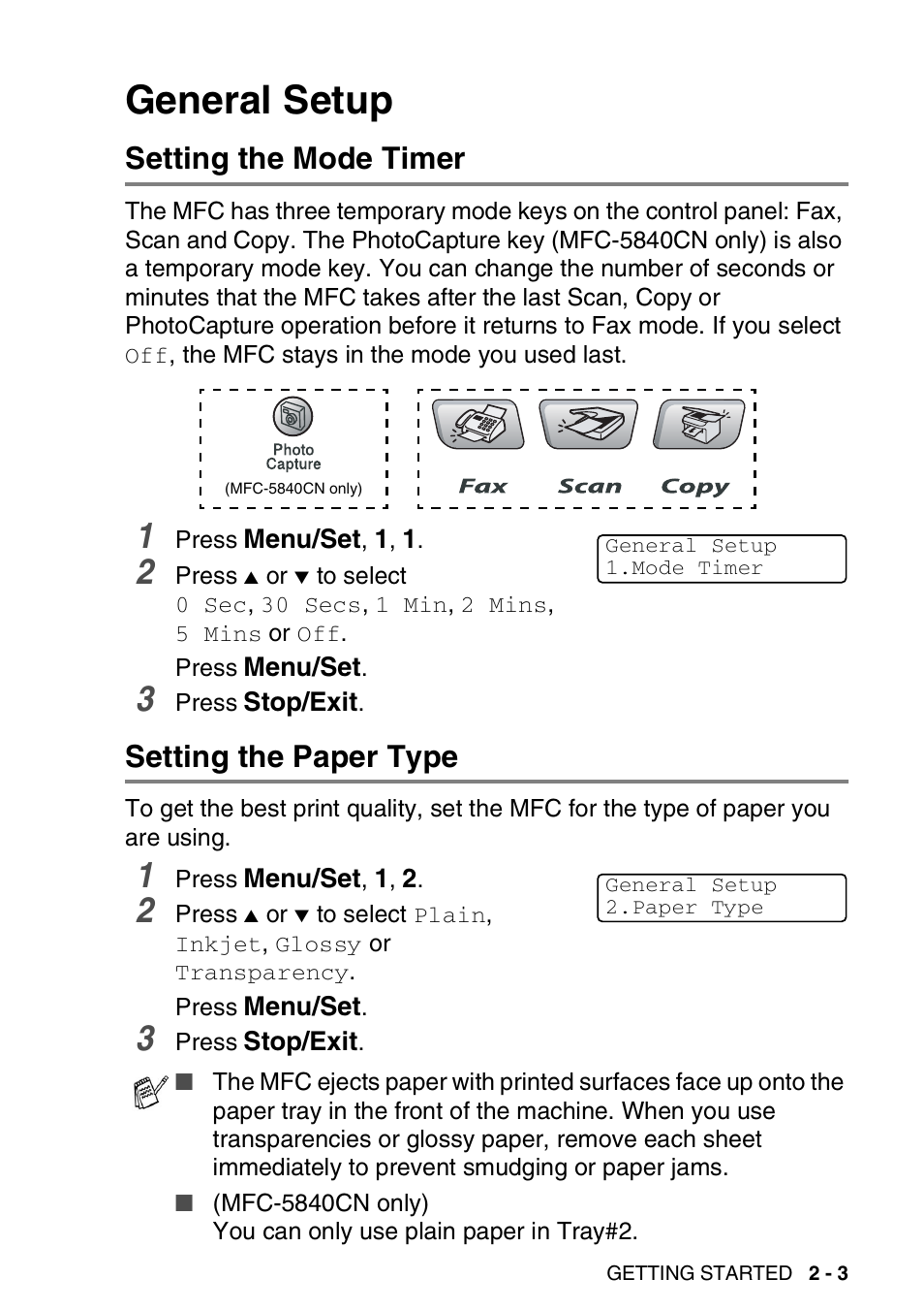 General setup, Setting the mode timer, Setting the paper type | General setup -3 | Brother MFC-5440CN User Manual | Page 46 / 211