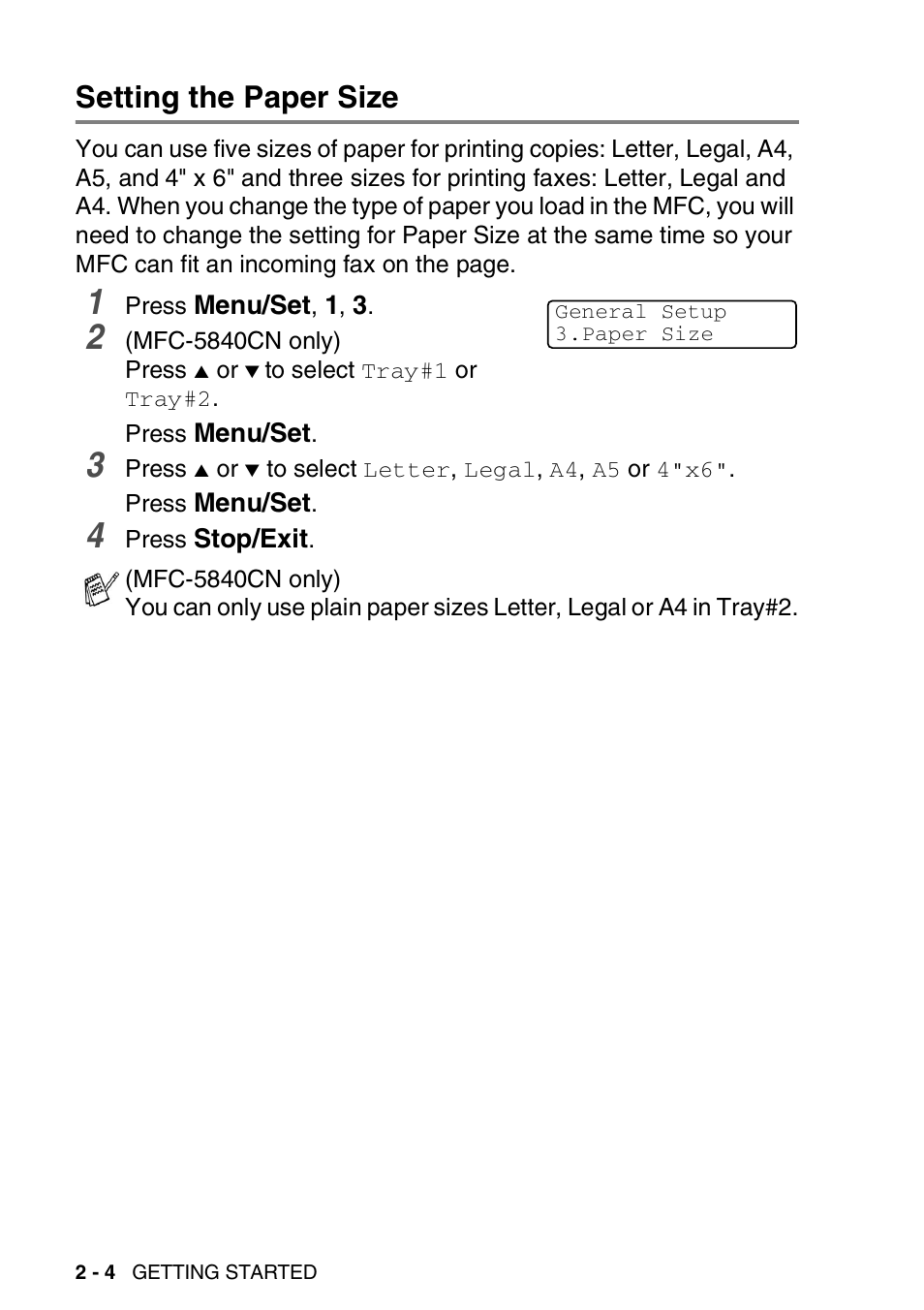 Setting the paper size, Setting the paper size -4 | Brother MFC-5440CN User Manual | Page 47 / 211