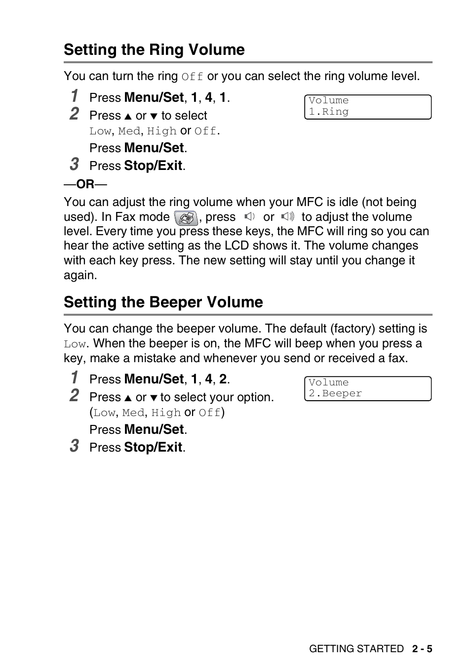 Setting the ring volume, Setting the beeper volume | Brother MFC-5440CN User Manual | Page 48 / 211