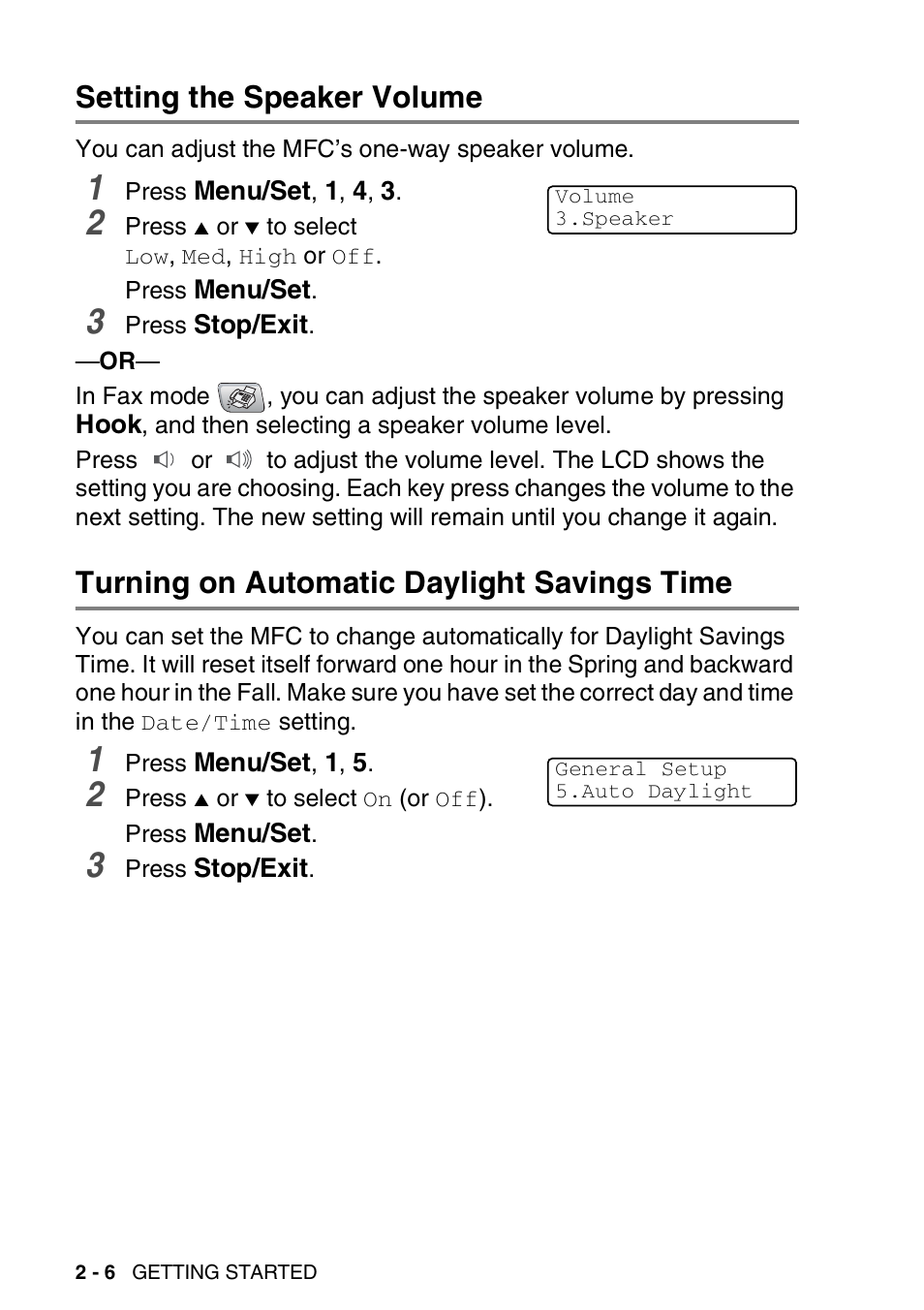 Setting the speaker volume, Turning on automatic daylight savings time | Brother MFC-5440CN User Manual | Page 49 / 211