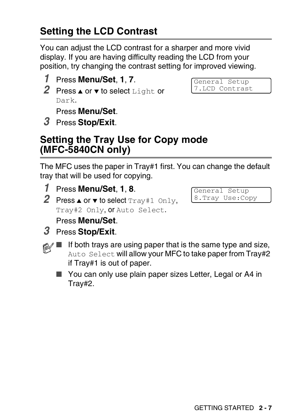 Setting the lcd contrast, Mfc-5840cn only) -7 | Brother MFC-5440CN User Manual | Page 50 / 211