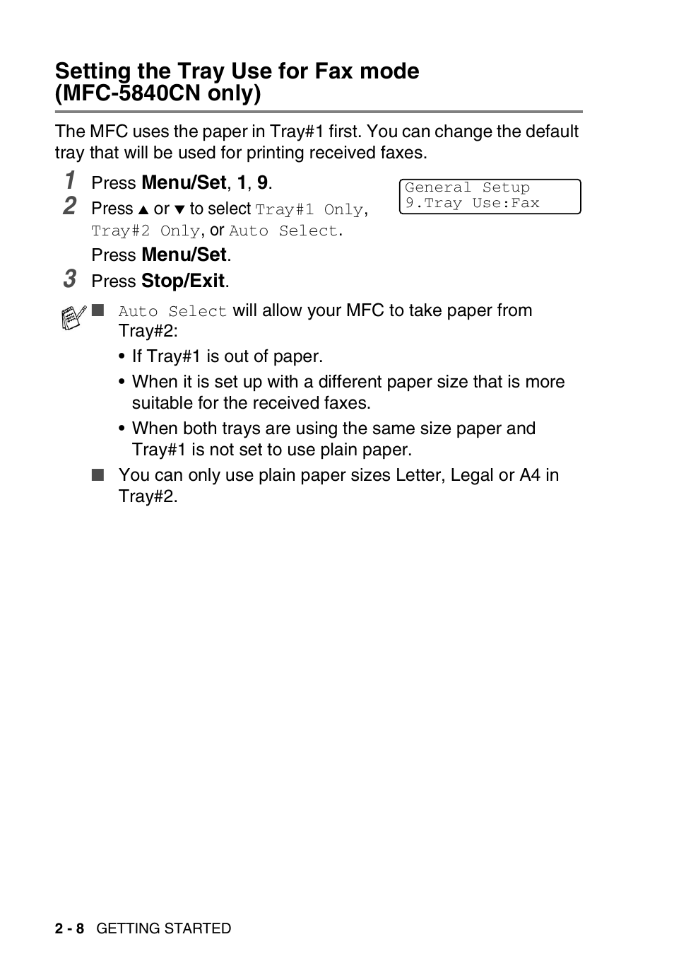 Setting the tray use for fax mode, Mfc-5840cn only) -8 | Brother MFC-5440CN User Manual | Page 51 / 211