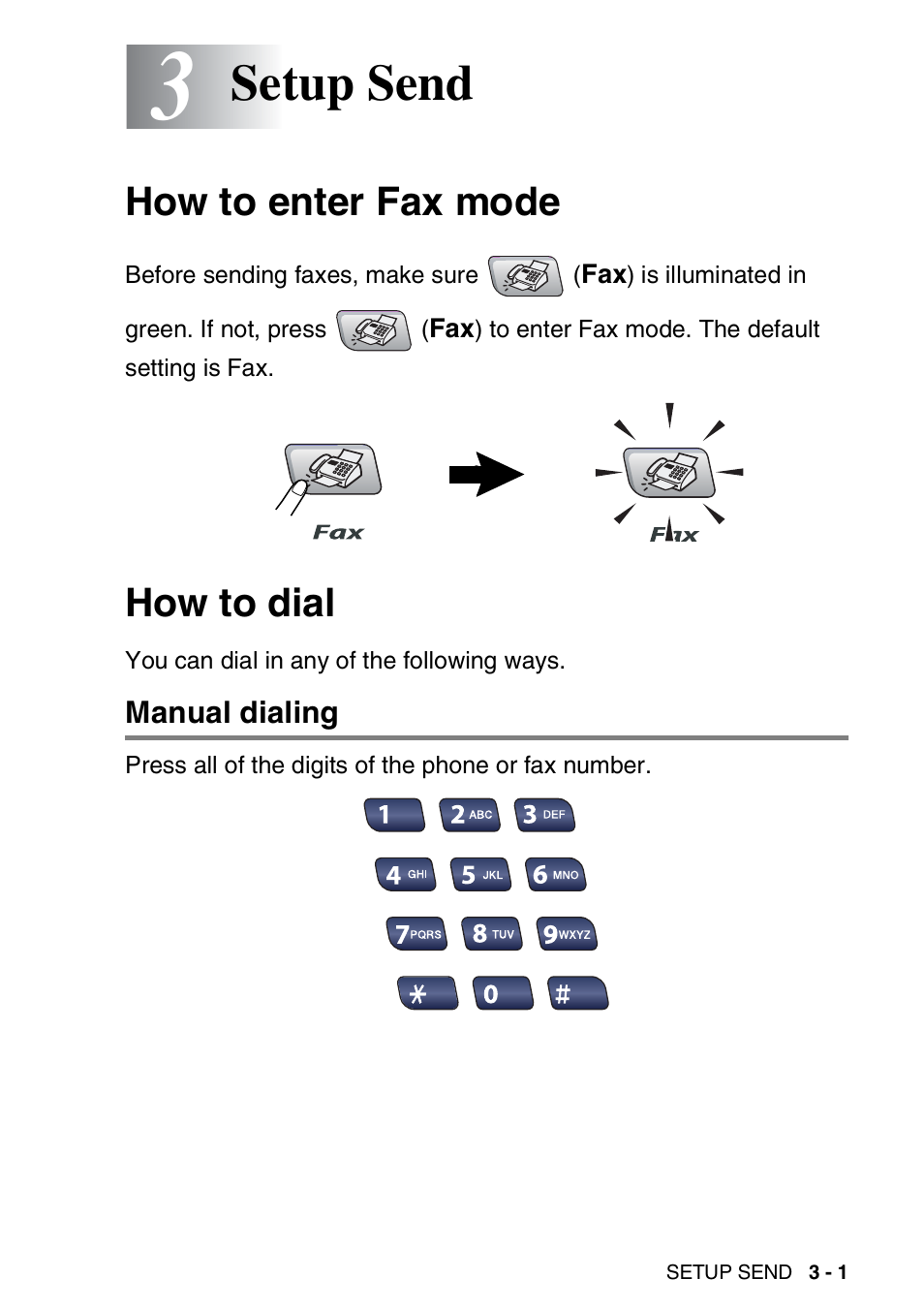 3 setup send, How to enter fax mode, How to dial | Manual dialing, Setup send -1, How to enter fax mode -1 how to dial -1, Manual dialing -1, Setup send | Brother MFC-5440CN User Manual | Page 52 / 211