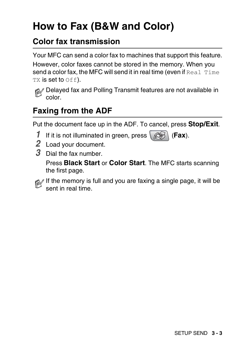 How to fax (b&w and color), Color fax transmission, Faxing from the adf | How to fax (b&w and color) -3, Color fax transmission -3 faxing from the adf -3 | Brother MFC-5440CN User Manual | Page 54 / 211