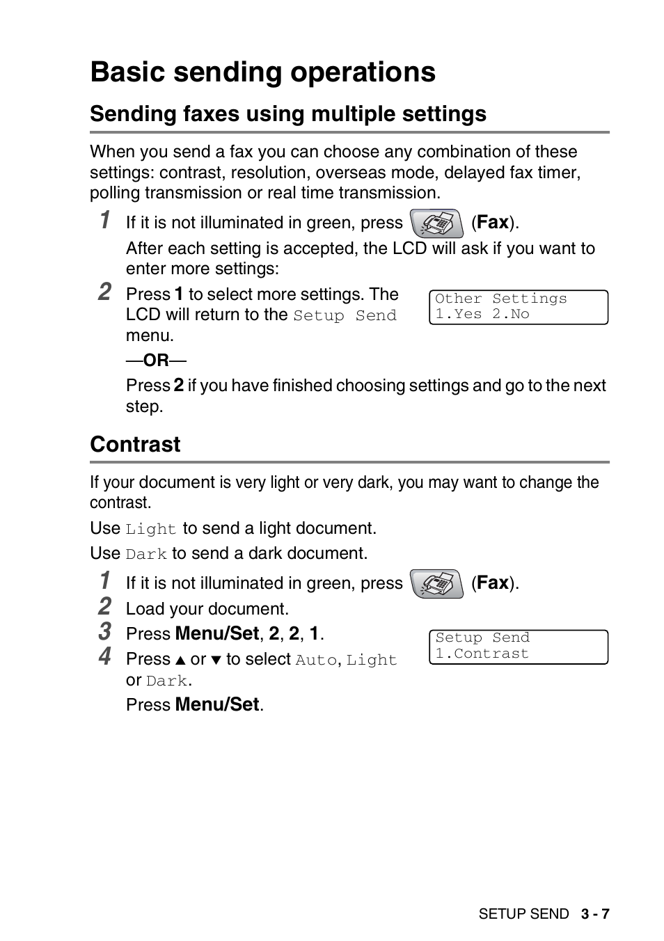 Basic sending operations, Sending faxes using multiple settings, Contrast | Basic sending operations -7 | Brother MFC-5440CN User Manual | Page 58 / 211