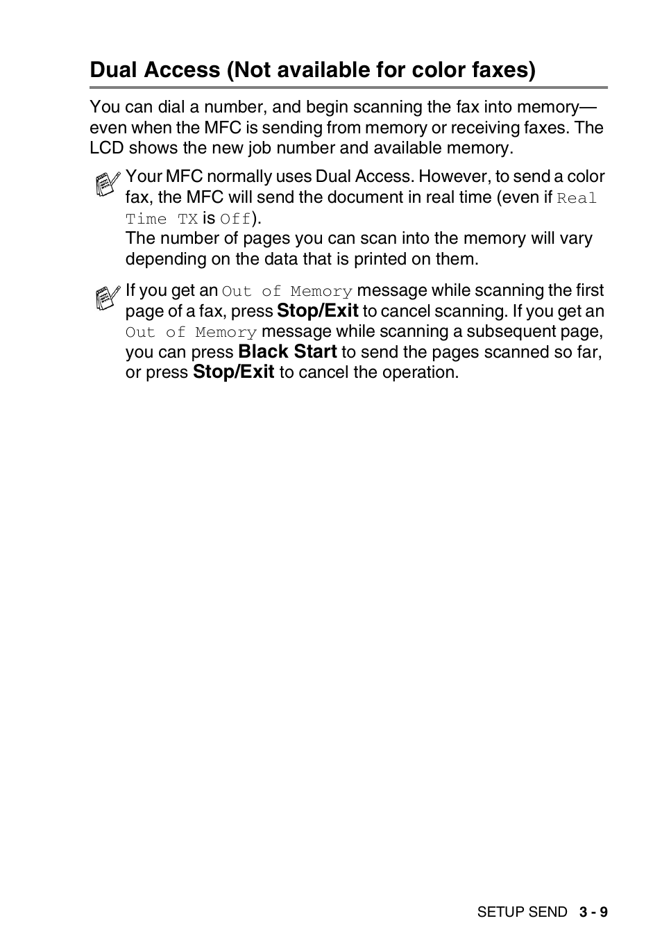 Dual access (not available for color faxes), Dual access (not available for color faxes) -9 | Brother MFC-5440CN User Manual | Page 60 / 211