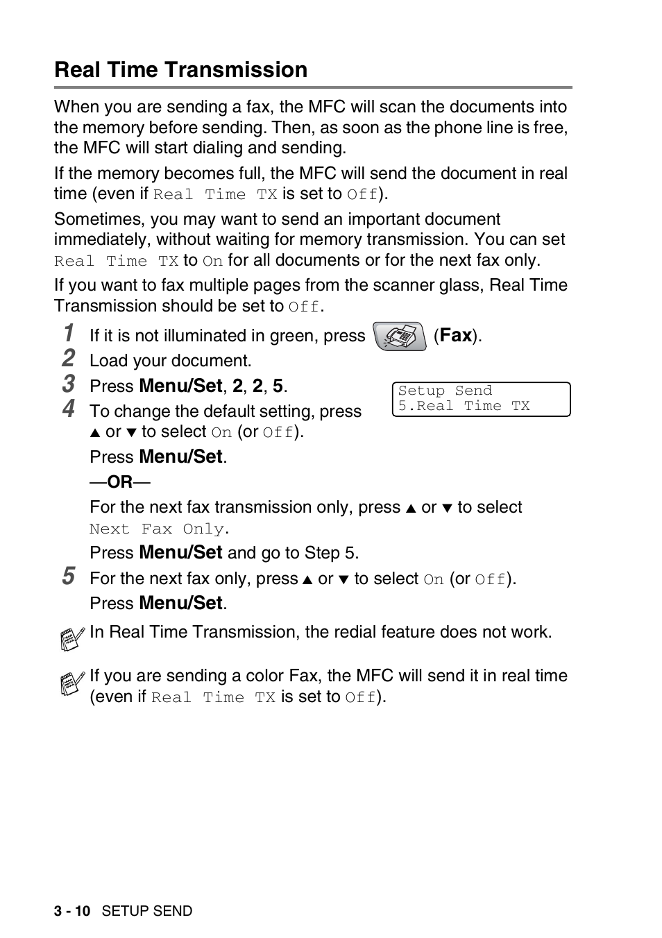 Real time transmission, Real time transmission -10 | Brother MFC-5440CN User Manual | Page 61 / 211