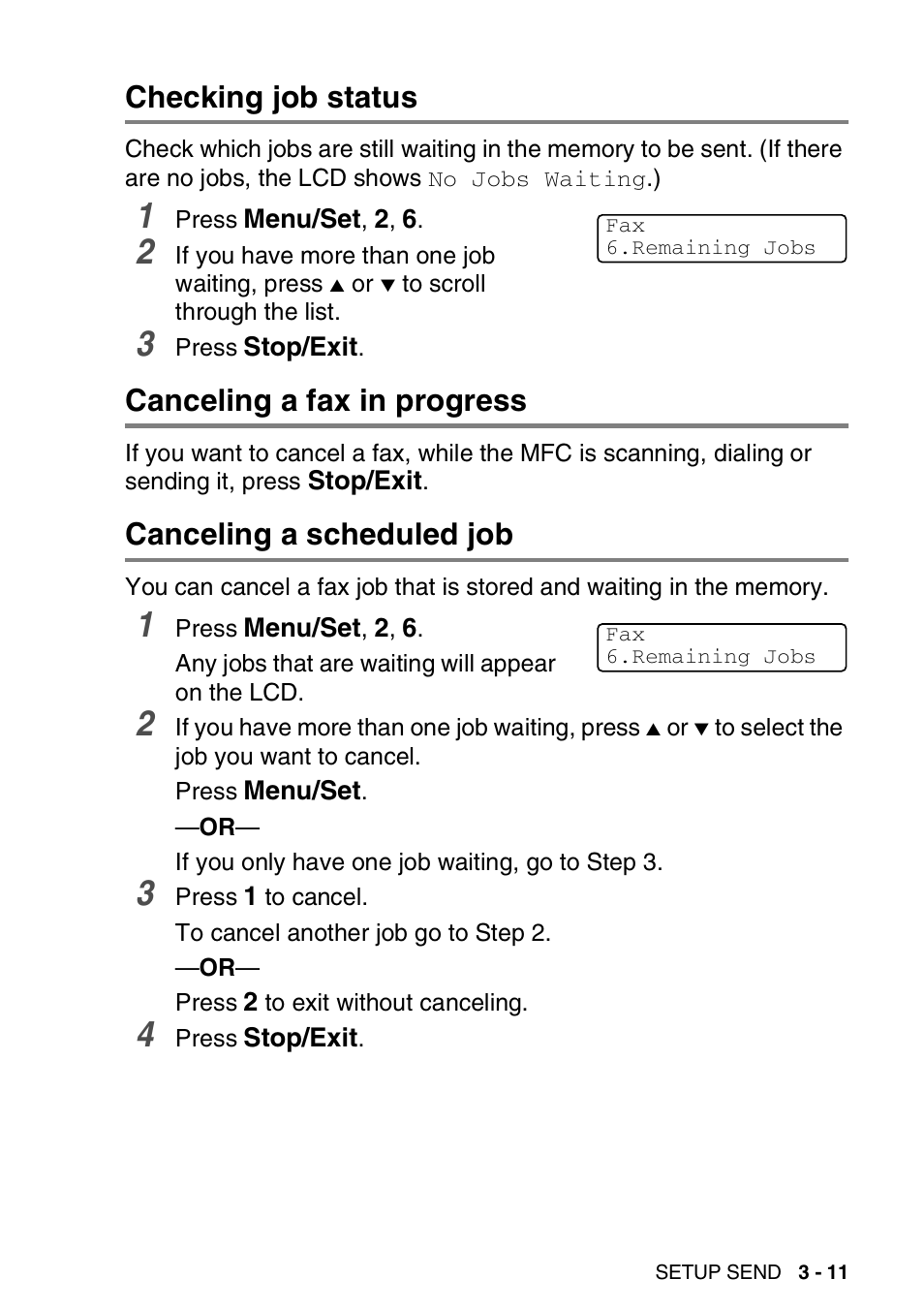 Checking job status, Canceling a fax in progress, Canceling a scheduled job | Brother MFC-5440CN User Manual | Page 62 / 211