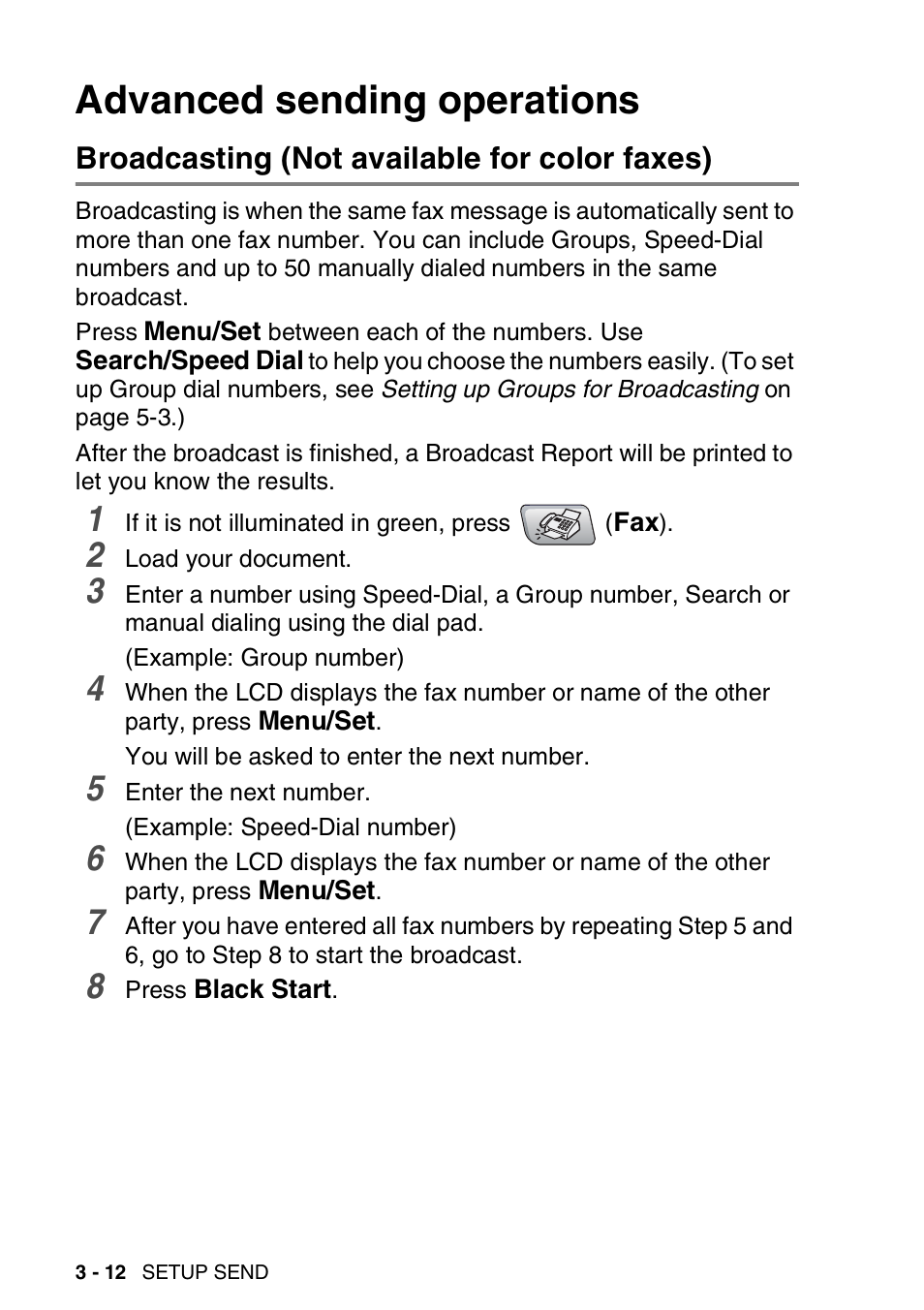 Advanced sending operations, Broadcasting (not available for color faxes), Advanced sending operations -12 | Broadcasting (not available for color faxes) -12 | Brother MFC-5440CN User Manual | Page 63 / 211