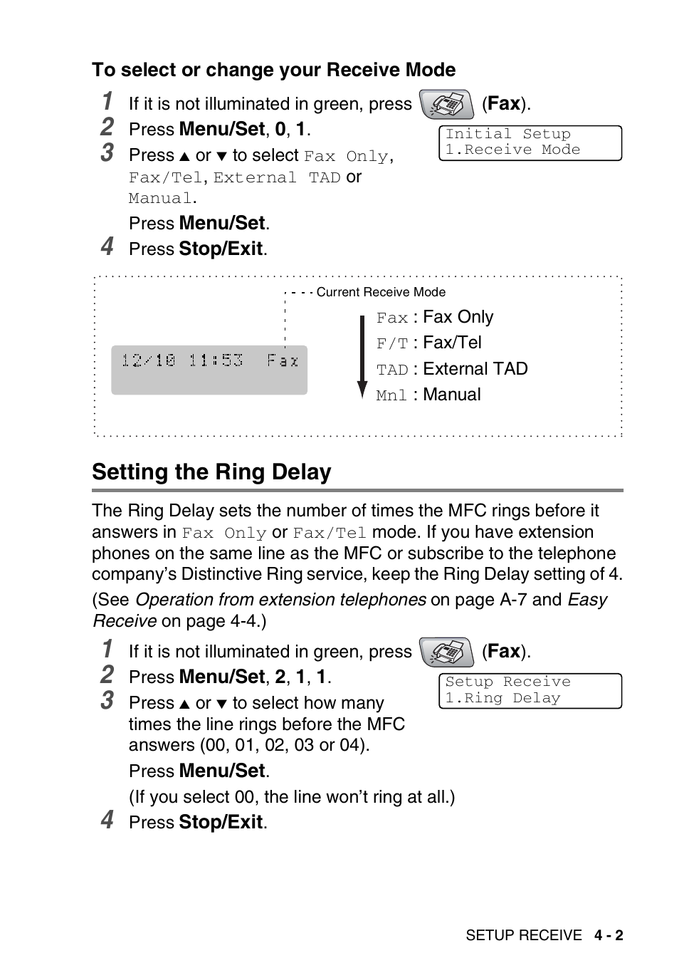 To select or change your receive mode, Setting the ring delay, To select or change your receive mode -2 | Setting the ring delay -2 | Brother MFC-5440CN User Manual | Page 68 / 211