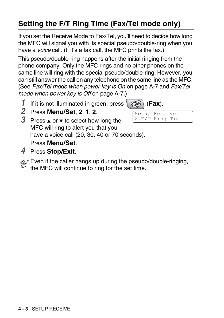 Setting the f/t ring time (fax/tel mode only), Setting the f/t ring time (fax/tel mode only) -3 | Brother MFC-5440CN User Manual | Page 69 / 211