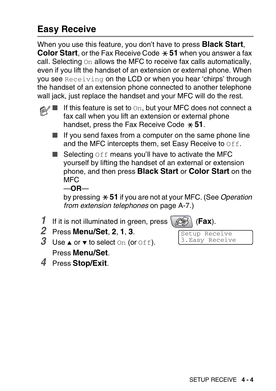 Easy receive, Easy receive -4 | Brother MFC-5440CN User Manual | Page 70 / 211