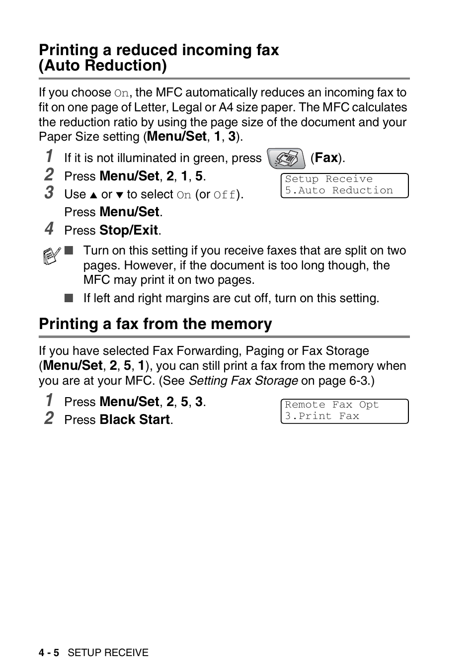 Printing a reduced incoming fax (auto reduction), Printing a fax from the memory | Brother MFC-5440CN User Manual | Page 71 / 211