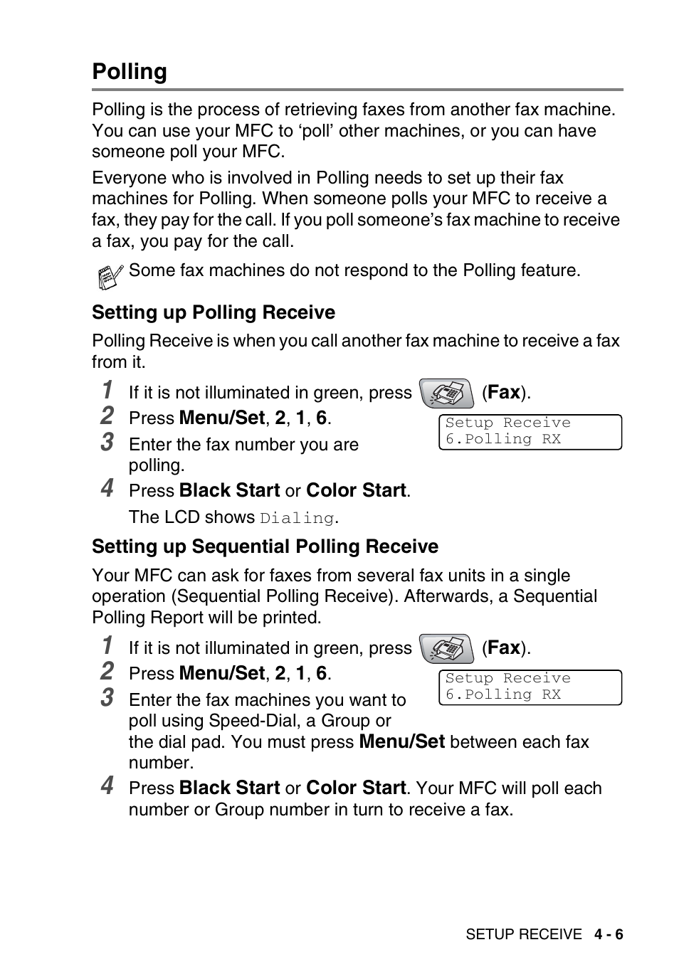 Polling, Setting up polling receive, Setting up sequential polling receive | Polling -6 | Brother MFC-5440CN User Manual | Page 72 / 211