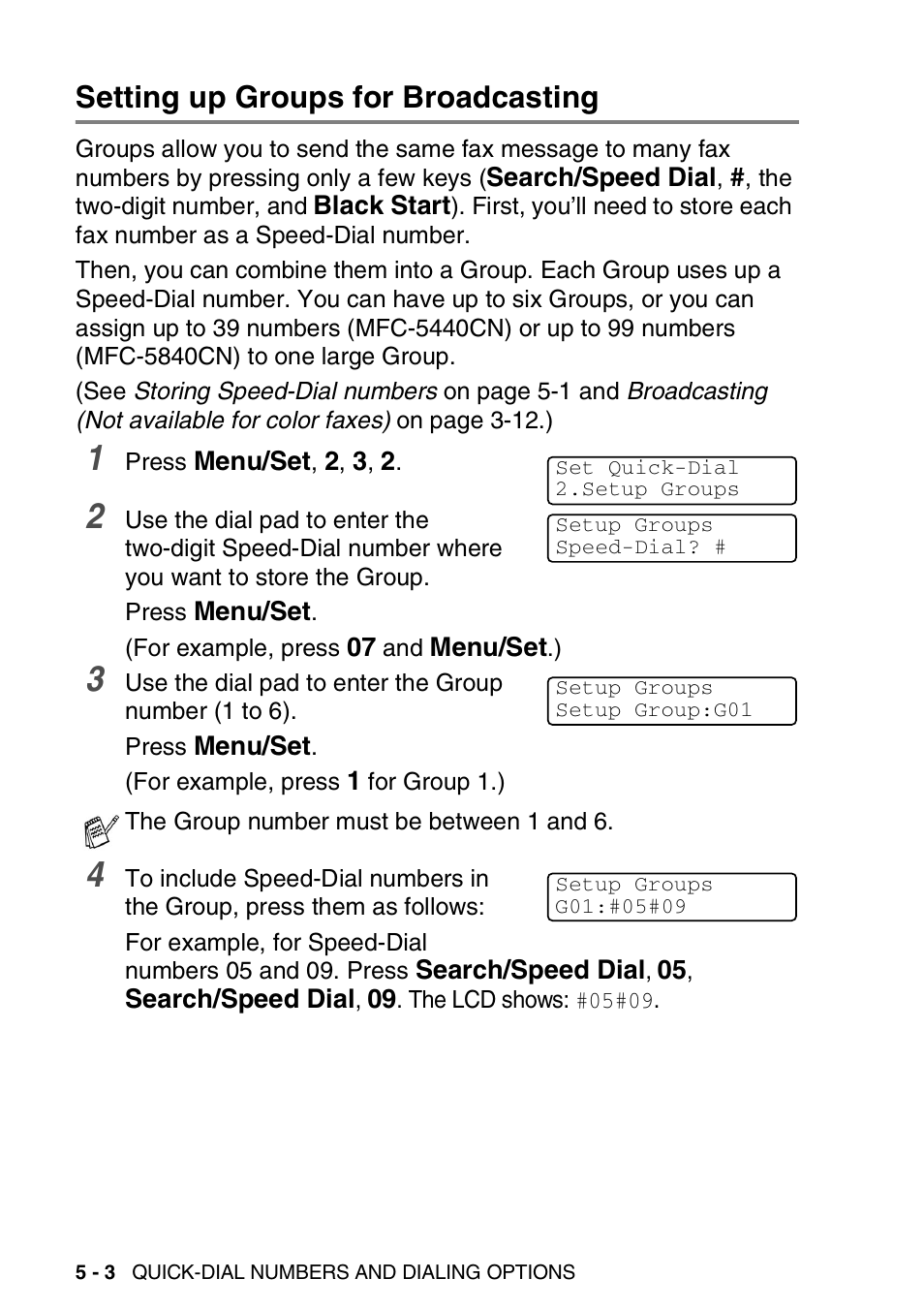 Setting up groups for broadcasting, Setting up groups for broadcasting -3 | Brother MFC-5440CN User Manual | Page 75 / 211