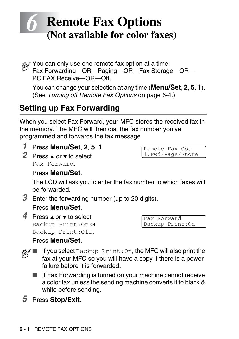 Setting up fax forwarding, Setting up fax forwarding -1, Remote fax options | Not available for color faxes) | Brother MFC-5440CN User Manual | Page 79 / 211