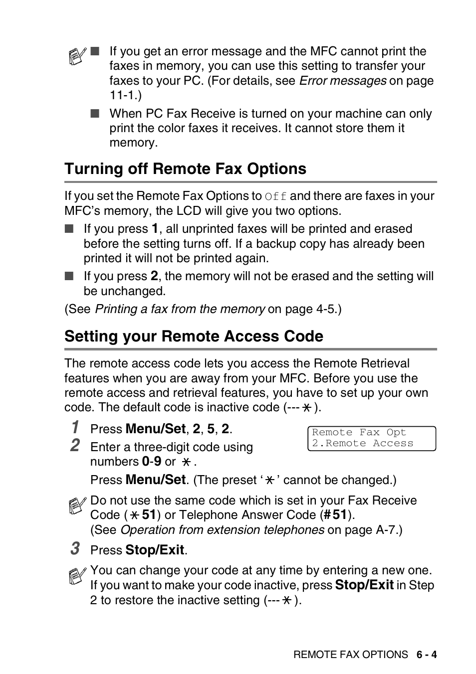 Turning off remote fax options, Setting your remote access code | Brother MFC-5440CN User Manual | Page 82 / 211