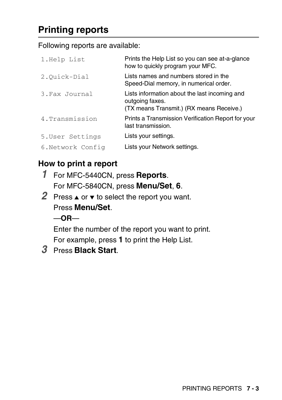 Printing reports, How to print a report, Printing reports -3 | How to print a report -3 | Brother MFC-5440CN User Manual | Page 88 / 211