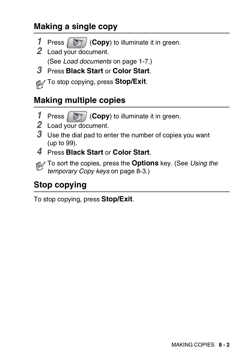 Making a single copy, Making multiple copies, Stop copying | Brother MFC-5440CN User Manual | Page 90 / 211