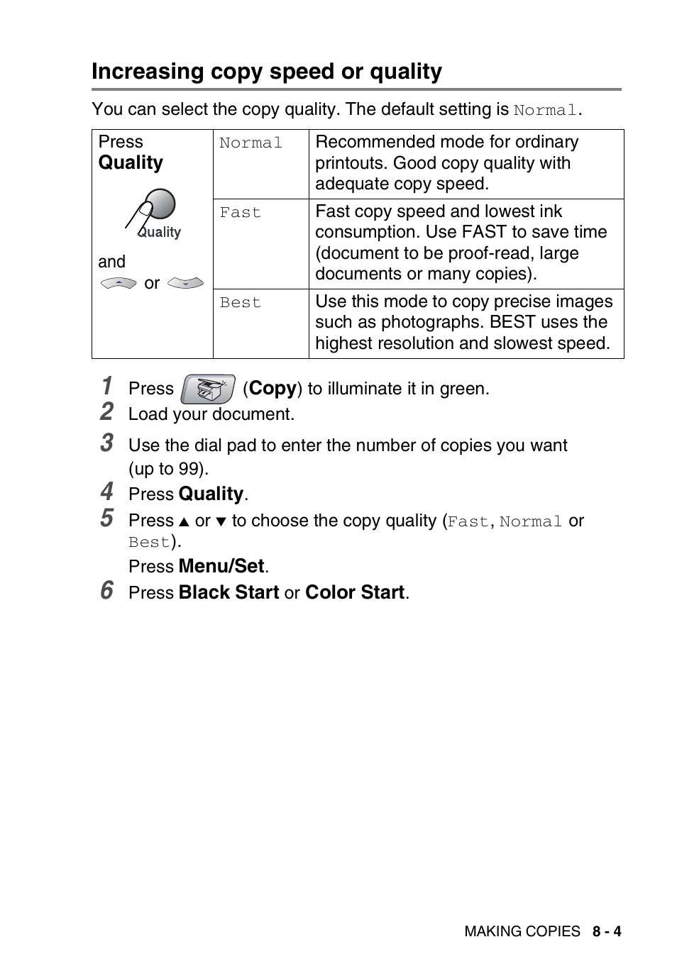 Increasing copy speed or quality, Increasing copy speed or quality -4 | Brother MFC-5440CN User Manual | Page 92 / 211