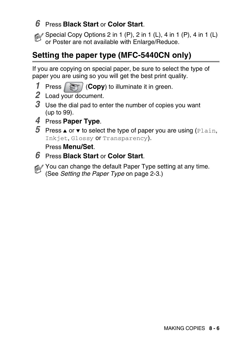 Setting the paper type (mfc-5440cn only), Setting the paper type (mfc-5440cn only) -6 | Brother MFC-5440CN User Manual | Page 94 / 211