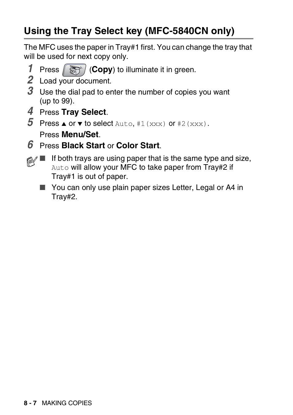 Using the tray select key (mfc-5840cn only), Using the tray select key (mfc-5840cn only) -7 | Brother MFC-5440CN User Manual | Page 95 / 211