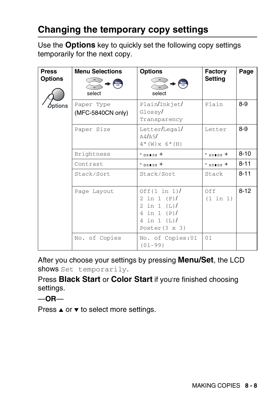 Changing the temporary copy settings, Changing the temporary copy settings -8, Options | Menu/set, Black start, Color start, Use the, The lcd shows, Press, If you | Brother MFC-5440CN User Manual | Page 96 / 211