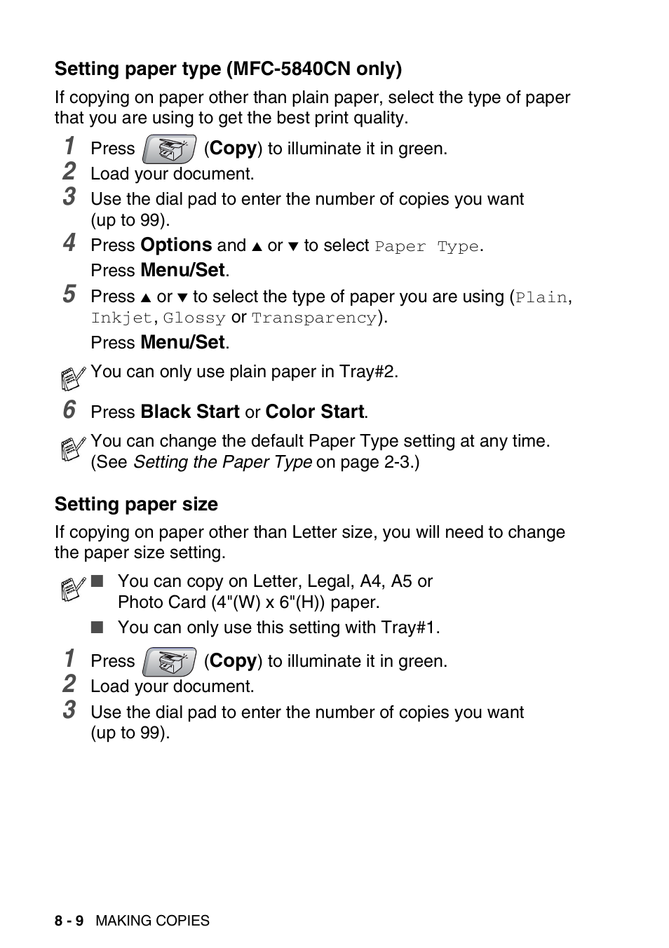 Setting paper type (mfc-5840cn only), Setting paper size | Brother MFC-5440CN User Manual | Page 97 / 211