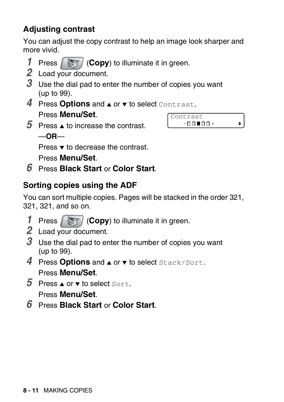 Adjusting contrast, Sorting copies using the adf | Brother MFC-5440CN User Manual | Page 99 / 211