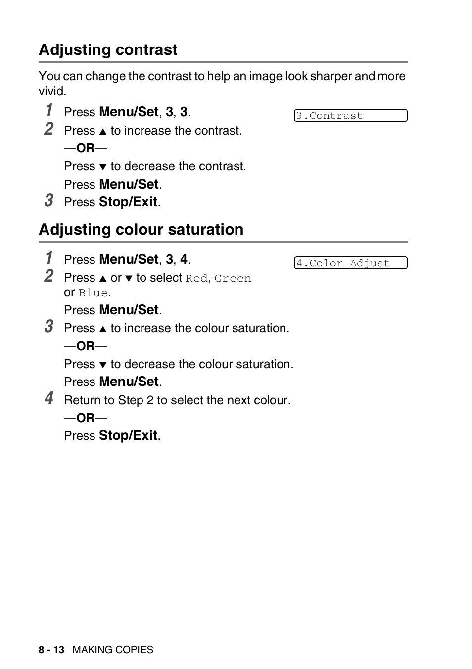 Adjusting contrast, Adjusting colour saturation | Brother FAX-3240C User Manual | Page 101 / 192