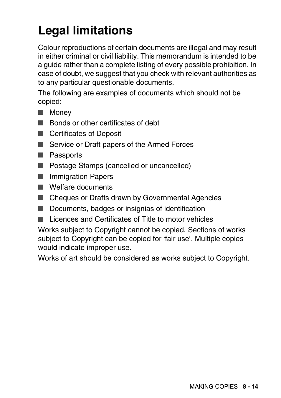 Legal limitations, Legal limitations -14 | Brother FAX-3240C User Manual | Page 102 / 192