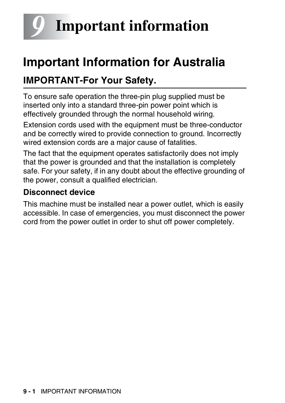 9 important information, Important information for australia, Important-for your safety | Disconnect device, Important information -1, Important information for australia -1, Important-for your safety -1, Disconnect device -1, Important information | Brother FAX-3240C User Manual | Page 103 / 192