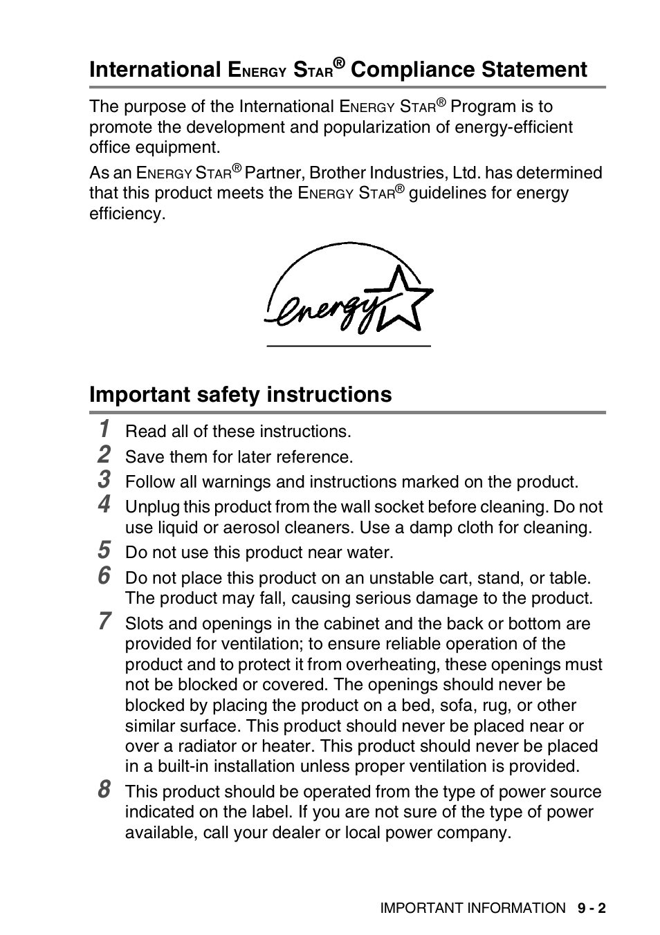 International energy star® compliance statement, Important safety instructions, International e | Nergy, Compliance statement -2, Important safety instructions -2, Compliance statement | Brother FAX-3240C User Manual | Page 104 / 192