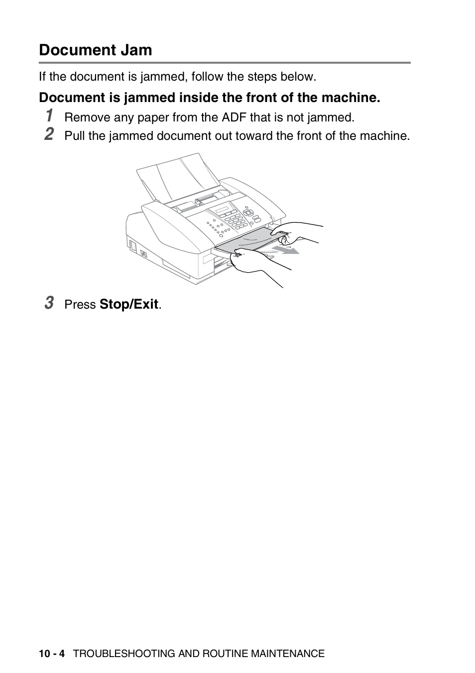 Document jam, Document is jammed inside the front of the machine, Document jam -4 | Document is jammed inside the front of the, Machine -4 | Brother FAX-3240C User Manual | Page 117 / 192