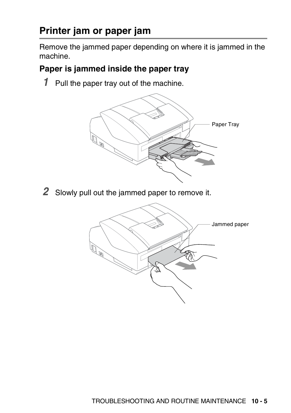 Printer jam or paper jam, Paper is jammed inside the paper tray, Printer jam or paper jam -5 | Paper is jammed inside the paper tray -5 | Brother FAX-3240C User Manual | Page 118 / 192