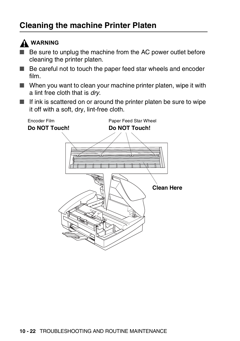 Cleaning the machine printer platen, Cleaning the machine printer platen -22 | Brother FAX-3240C User Manual | Page 135 / 192