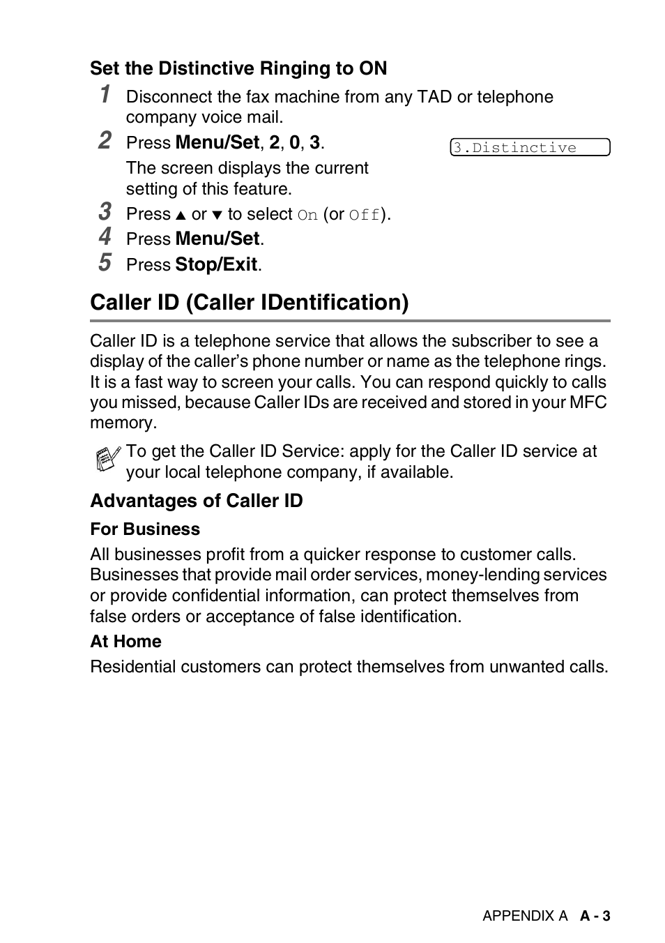 Set the distinctive ringing to on, Caller id (caller identification), Advantages of caller id | Brother FAX-3240C User Manual | Page 142 / 192