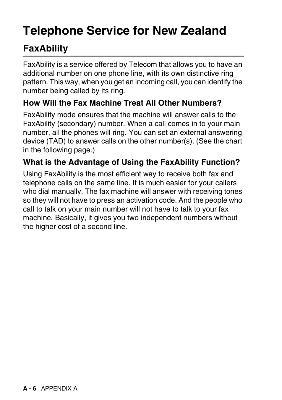 Telephone service for new zealand, Faxability, How will the fax machine treat all other numbers | How will the fax machine treat all other, What is the advantage of using the faxability | Brother FAX-3240C User Manual | Page 145 / 192