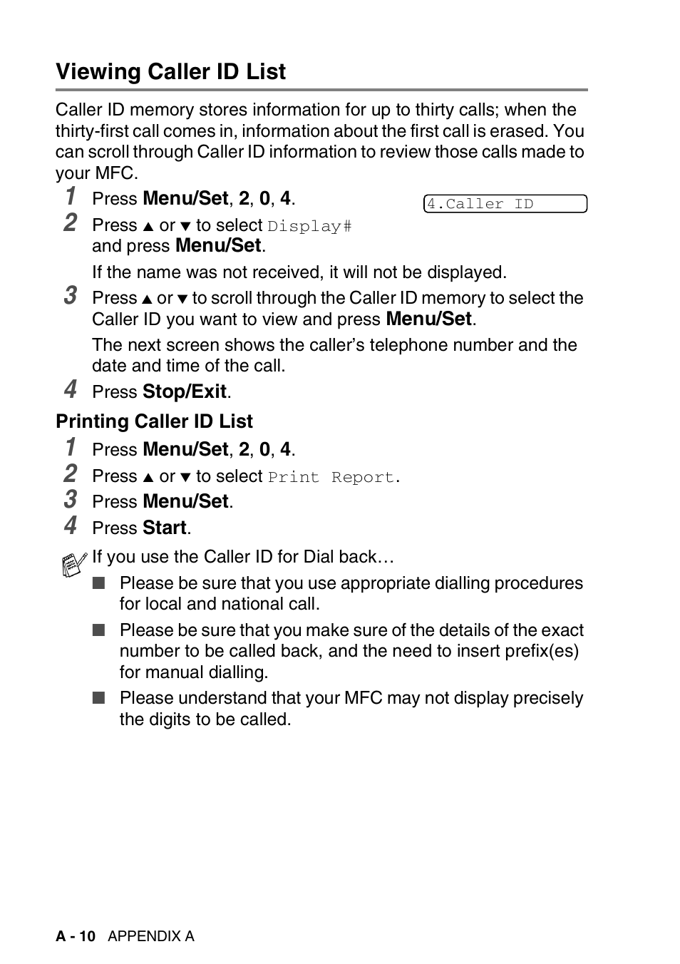 Viewing caller id list, Printing caller id list | Brother FAX-3240C User Manual | Page 149 / 192