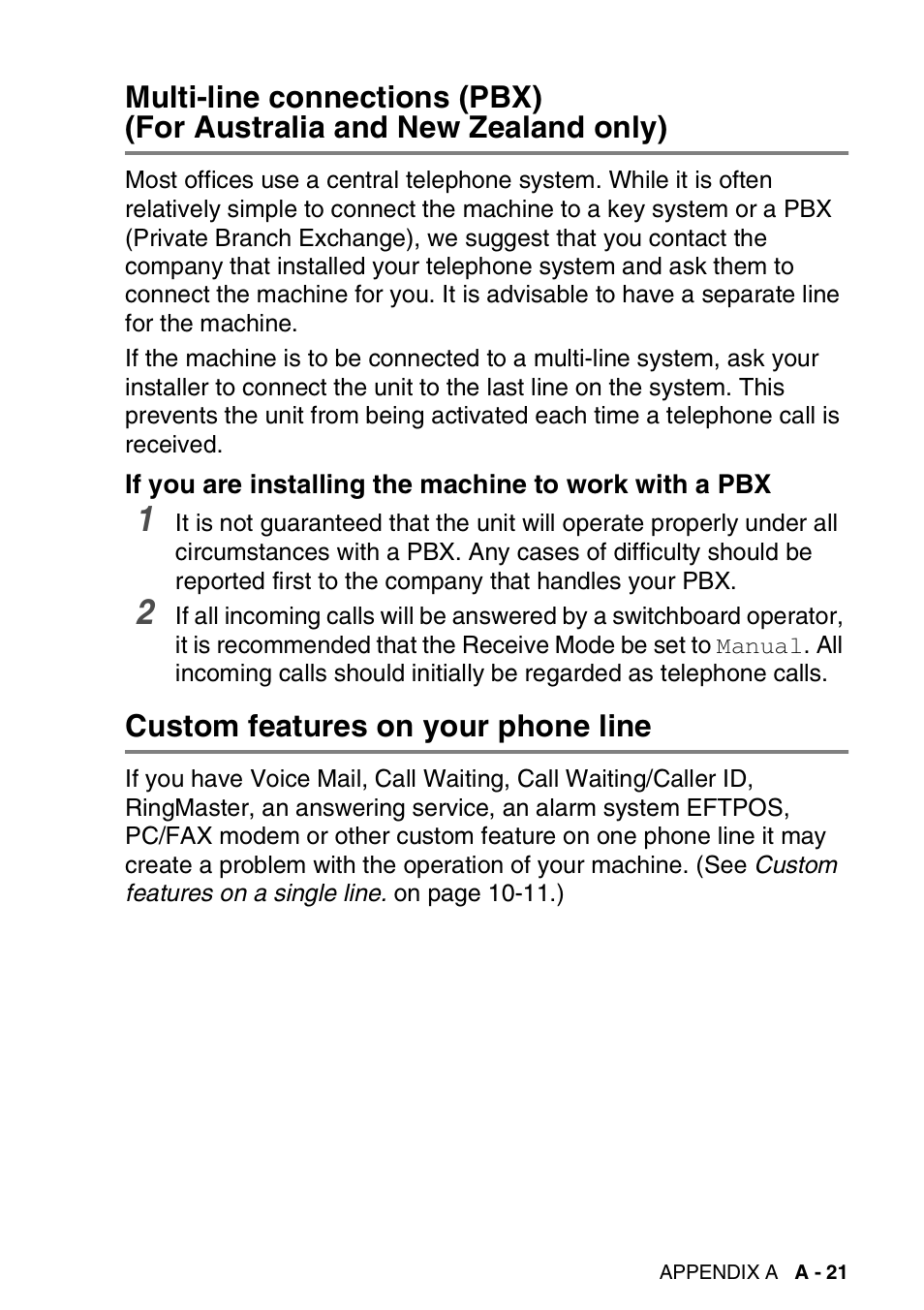 Custom features on your phone line, Multi-line connections (pbx) | Brother FAX-3240C User Manual | Page 160 / 192