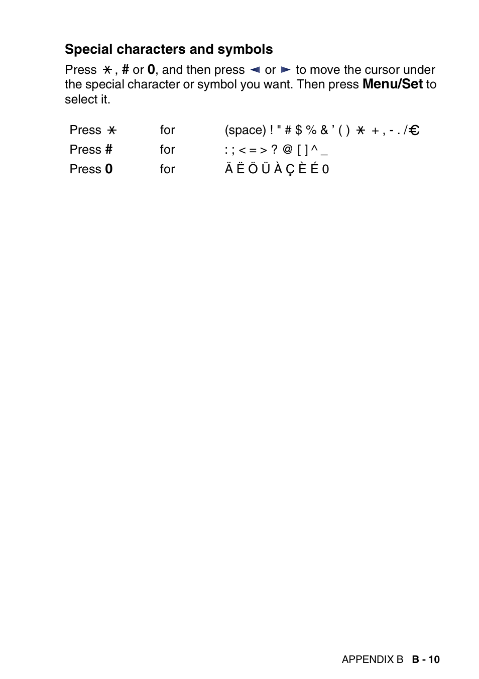 Special characters and symbols | Brother FAX-3240C User Manual | Page 170 / 192