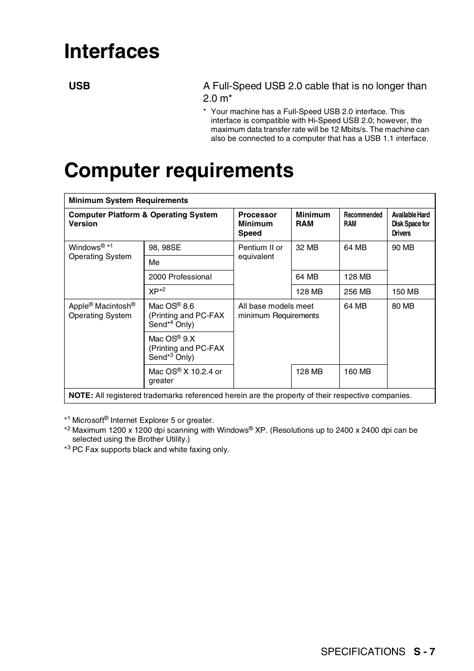 Interfaces, Computer requirements, Interfaces computer requirements | Specifications s - 7 | Brother FAX-3240C User Manual | Page 182 / 192