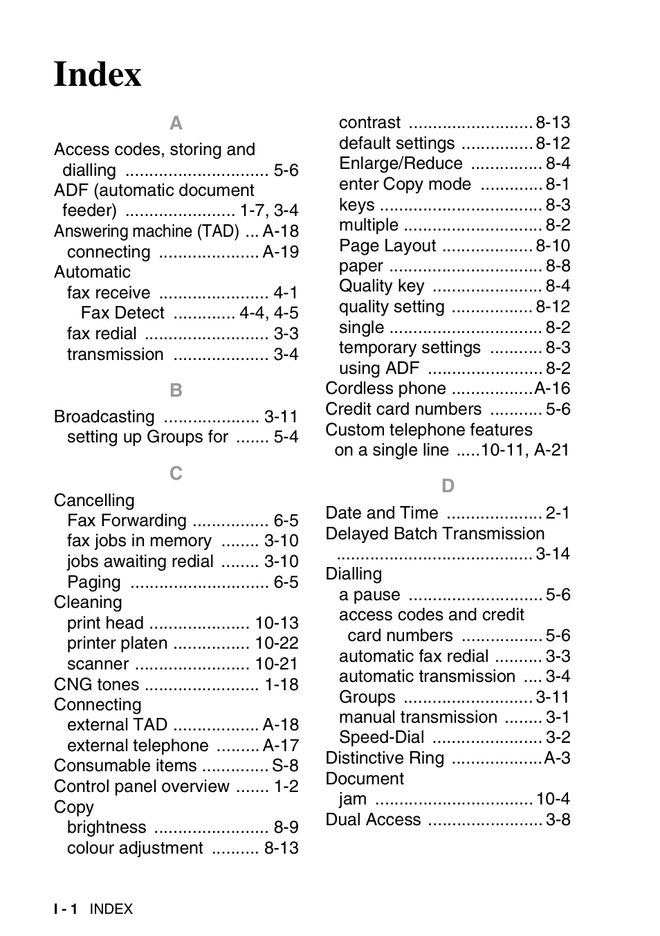 Index | Brother FAX-3240C User Manual | Page 185 / 192