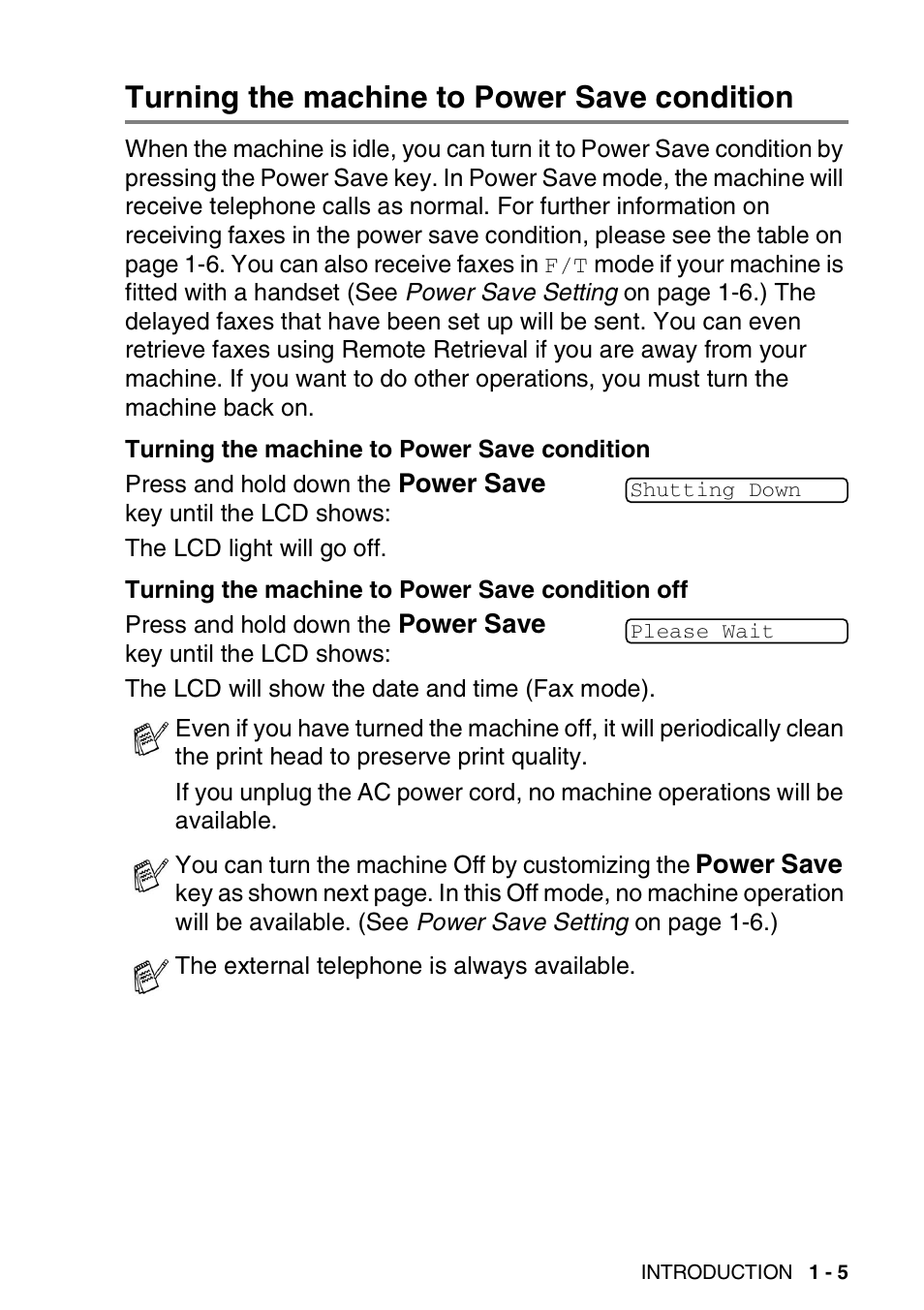 Turning the machine to power save condition, Turning the machine to power save condition -5 | Brother FAX-3240C User Manual | Page 20 / 192