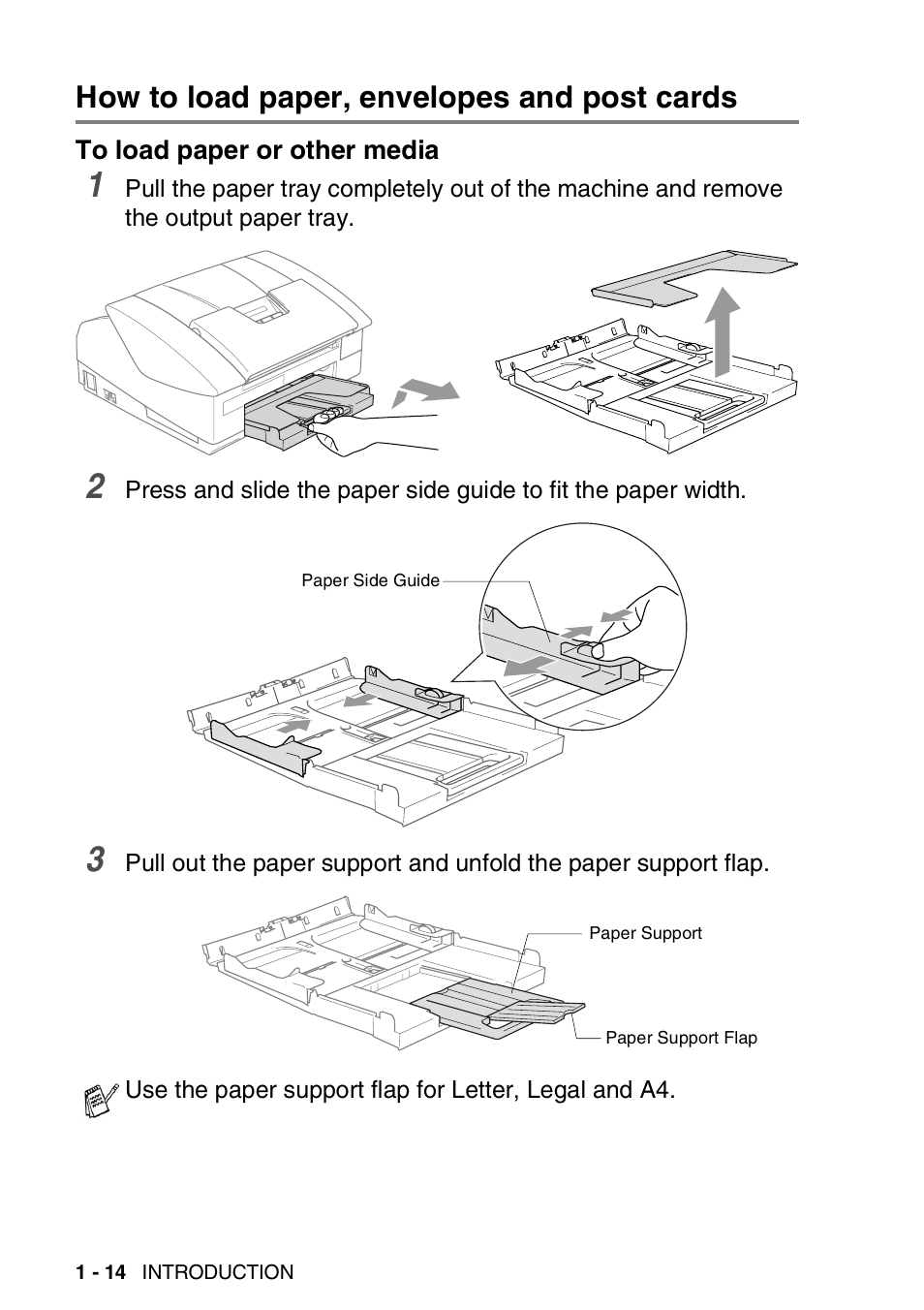 How to load paper, envelopes and post cards, To load paper or other media, How to load paper, envelopes and post cards -14 | To load paper or other media -14 | Brother FAX-3240C User Manual | Page 29 / 192