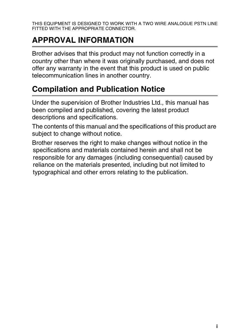 Approval information, Compilation and publication notice | Brother FAX-3240C User Manual | Page 3 / 192