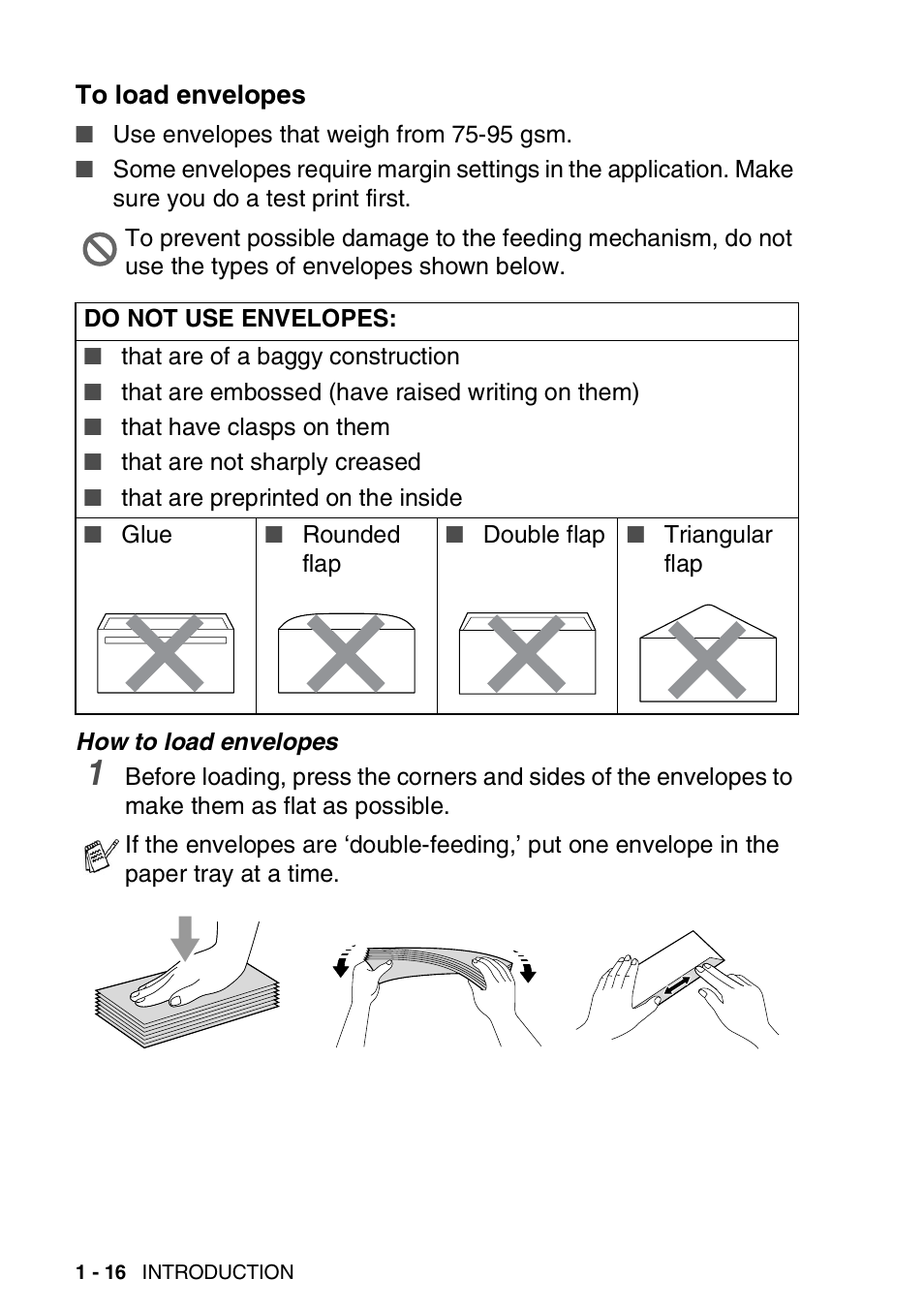 To load envelopes, To load envelopes -16 | Brother FAX-3240C User Manual | Page 31 / 192