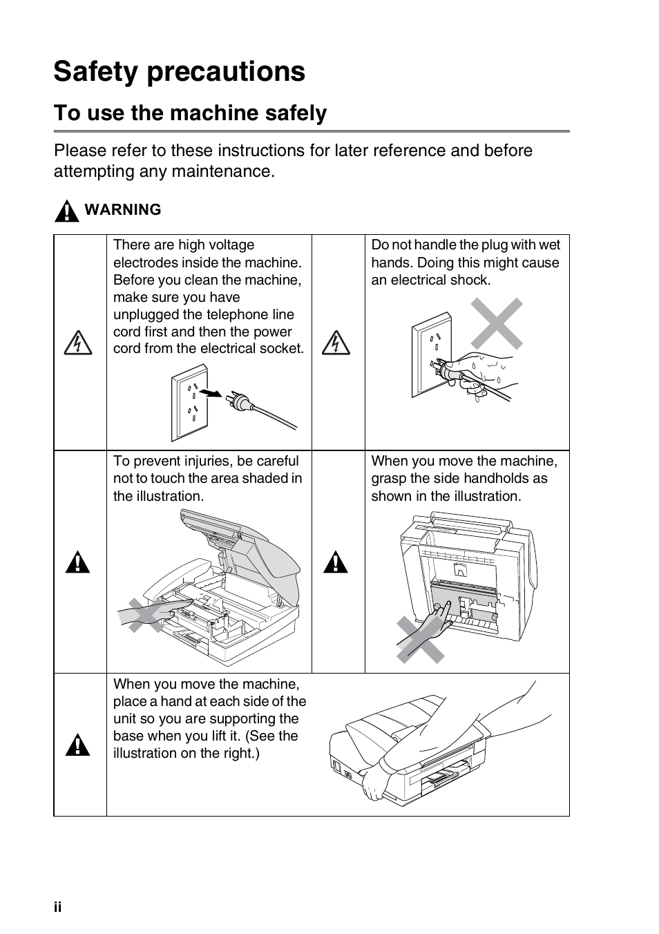 Safety precautions, To use the machine safely | Brother FAX-3240C User Manual | Page 4 / 192