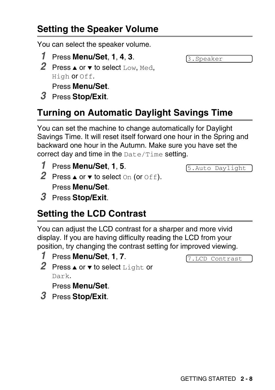 Setting the speaker volume, Turning on automatic daylight savings time, Setting the lcd contrast | Brother FAX-3240C User Manual | Page 42 / 192