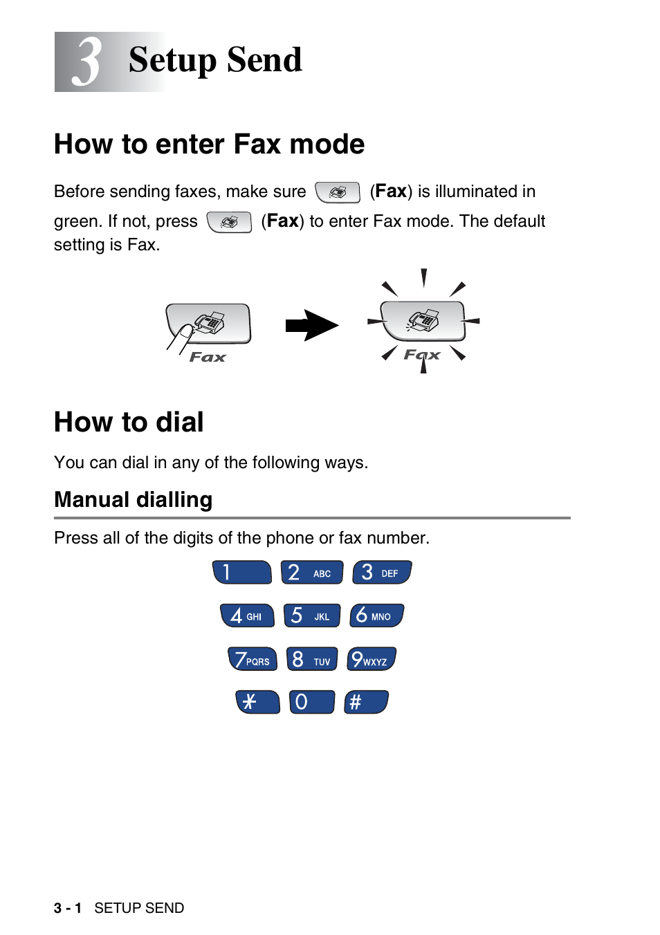 3 setup send, How to enter fax mode, How to dial | Manual dialling, Setup send -1, How to enter fax mode -1 how to dial -1, Manual dialling -1, Setup send | Brother FAX-3240C User Manual | Page 43 / 192